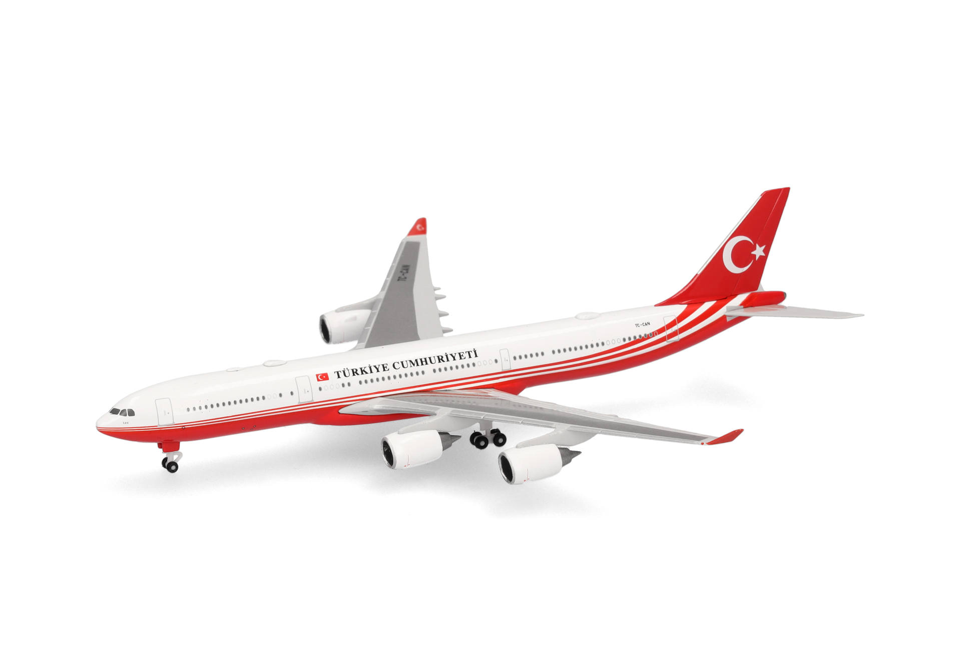 Herpa-538930-1-Turkey-Government-Airbus-A340-500-TC-CAN-Erdogan-Flieger-Modell-vorne
