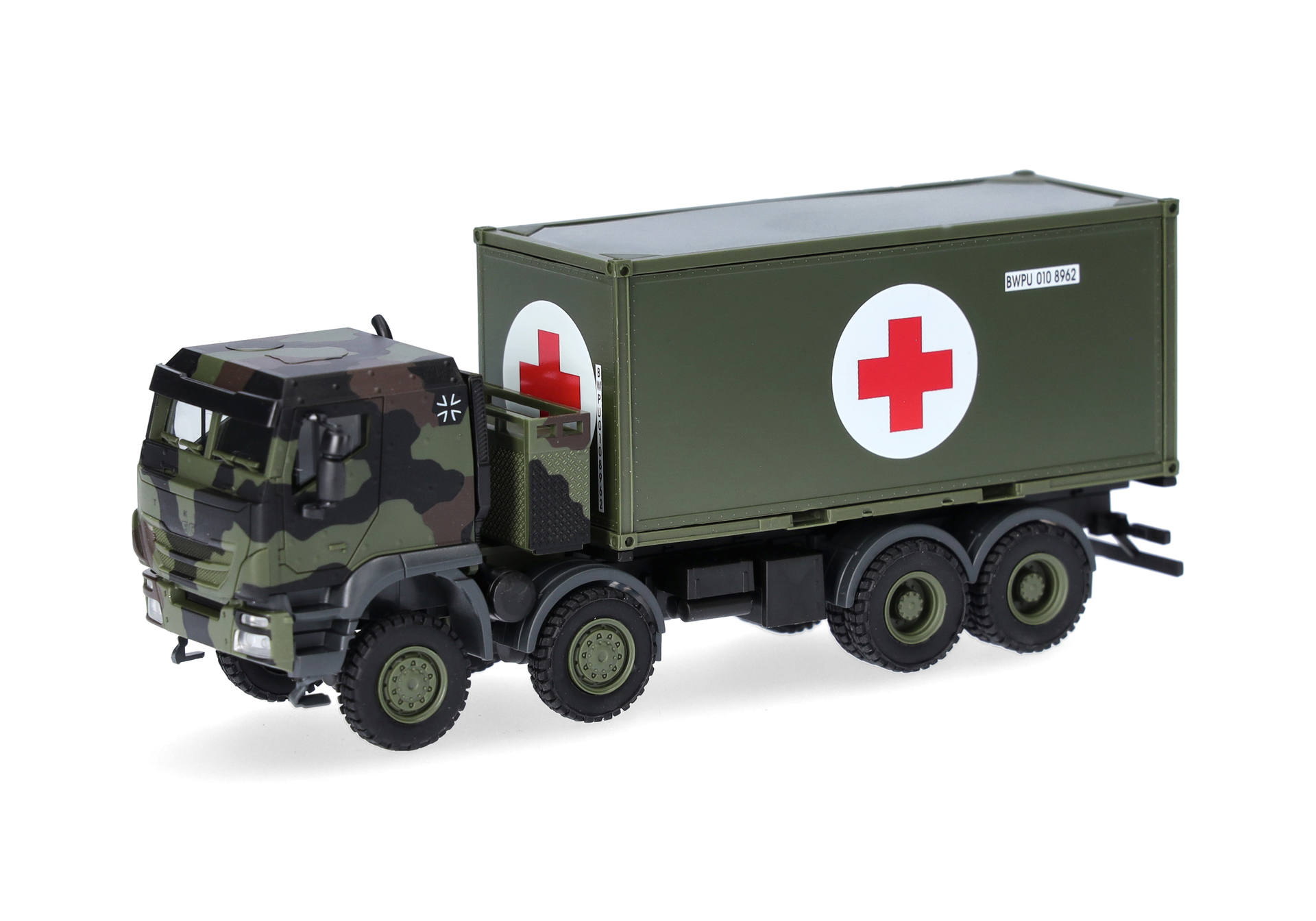 Herpa-747219-002-1-Bundeswehr-LKW-Iveco-Trakker-8x8-mit-20-ft-Container-flecktarn-vorne
