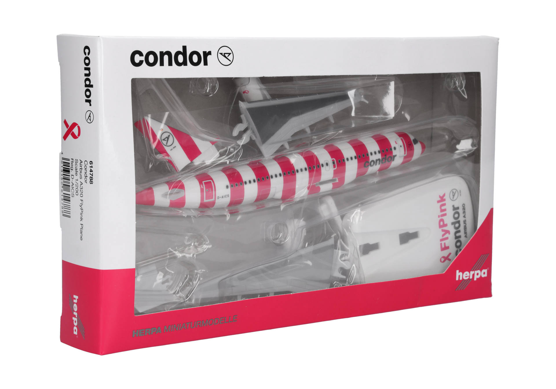 Herpa-614788-3-Airbus-A320-FlyPink-Plane-D-AICS-Modellflugzeug-Verpackung-Umfang