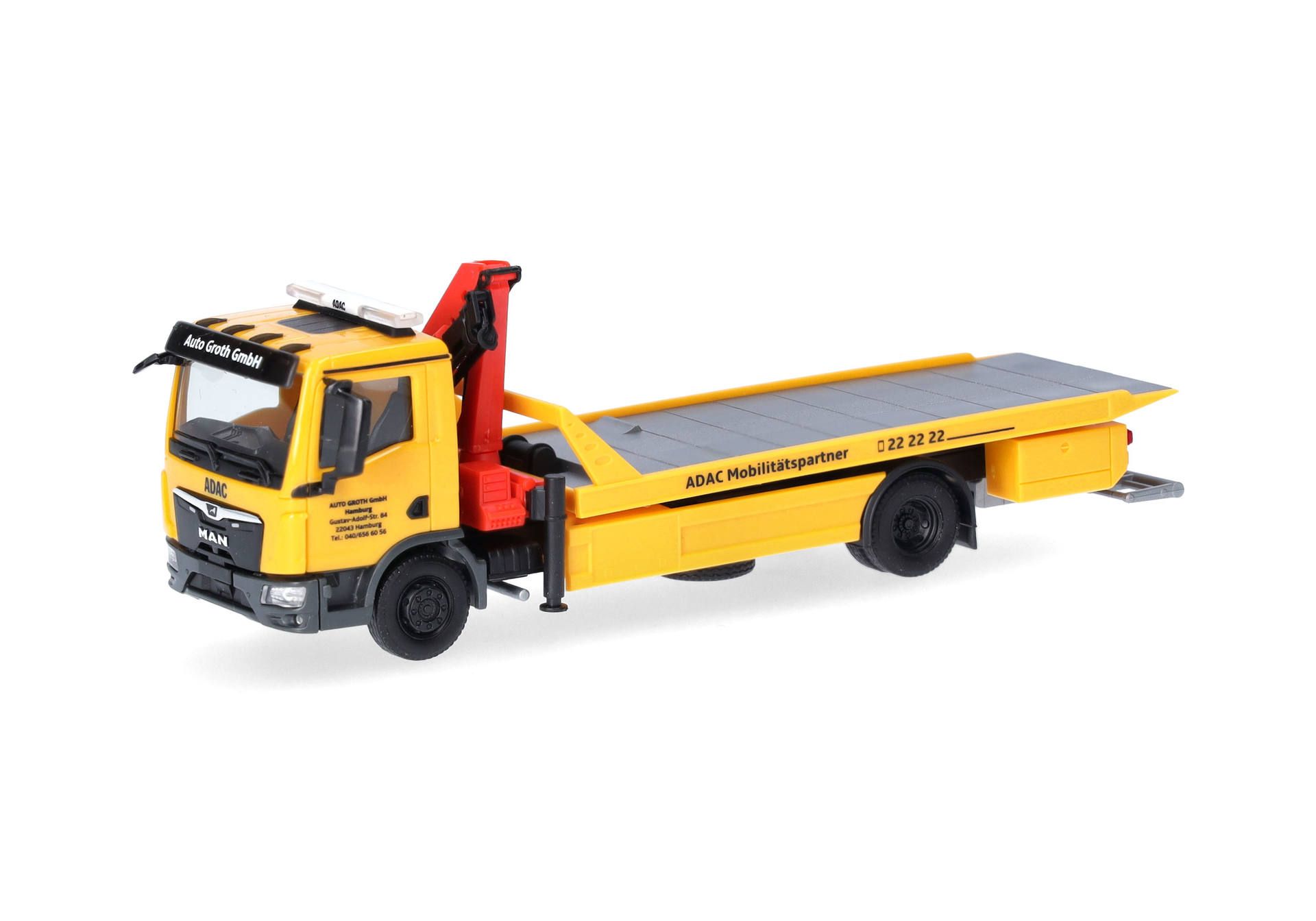 herpa-318679-1-MAN-TGM-Plateau-Abschlepper-Kran-Hebegeschirr-ADAC-Auto-Groth-Hamburg-vorne
