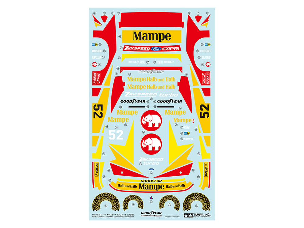 Tamiya-24376-5-Ford-Capri-Zakspeed-Turbo-Gruppe-5-Mampe-Hans-Heyer-Dekorbogen