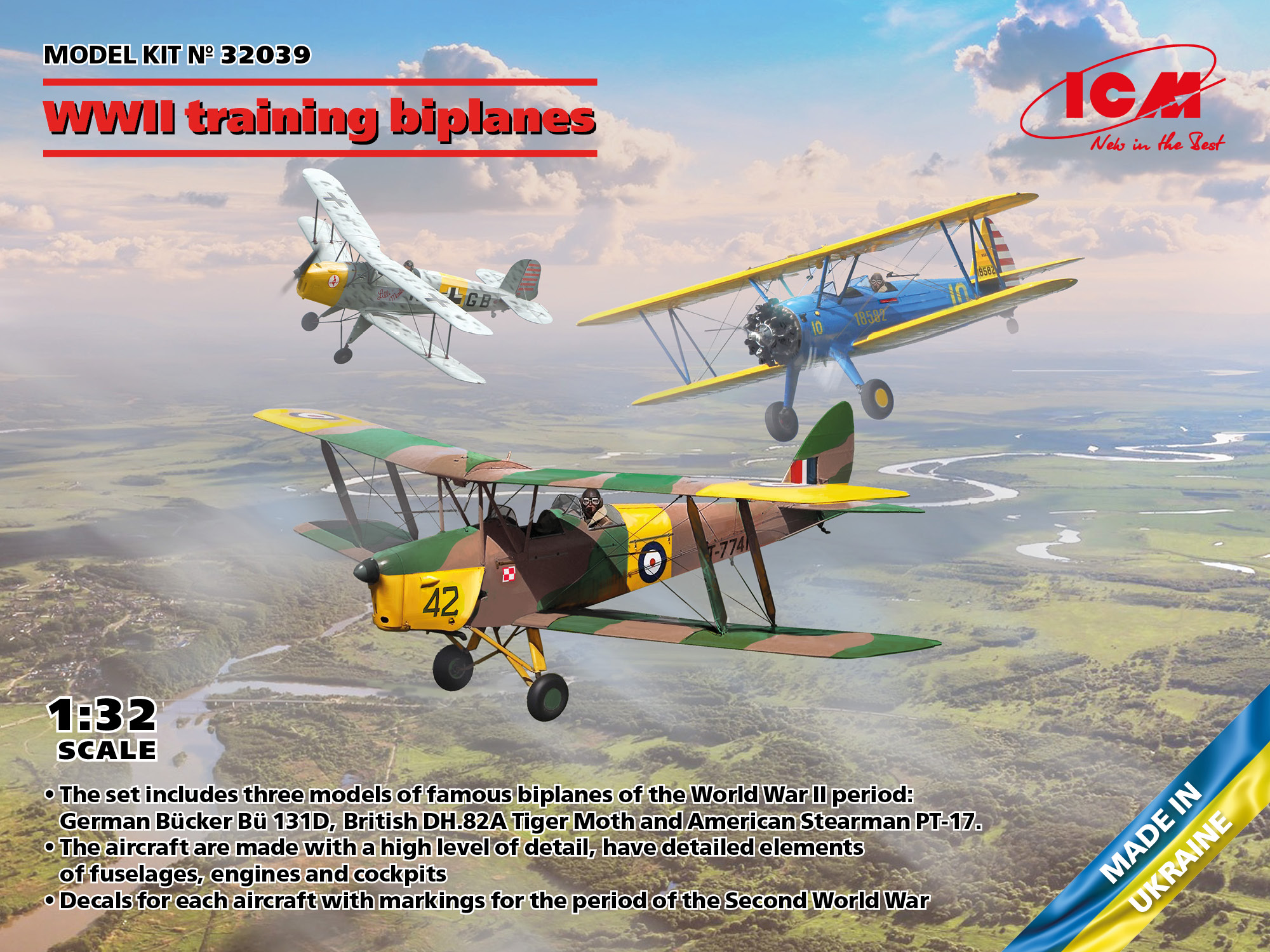 icm-32039-WWII-training-biplanes-Bücker-Jungman-Tiger-Moth-PT-17-Stearman-Kaydet-Schulflugzeuge