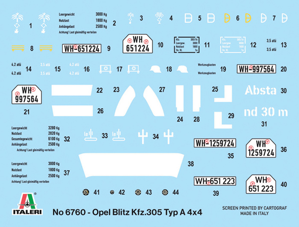 Italeri-6760-2-Kfz-305-Opel-Blitz-Typ-A-4x4-Wehrmachts-Lastkraftwagen-Dekorbogen