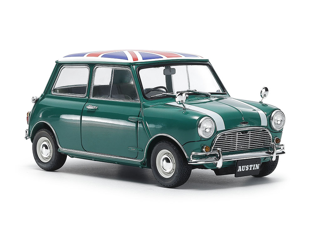 Tamiya-24235-2-Austin-Mini-Cooper-1275-S-MkI-60s-classic-Modellbausatz-grün-Union-Jack-Dach