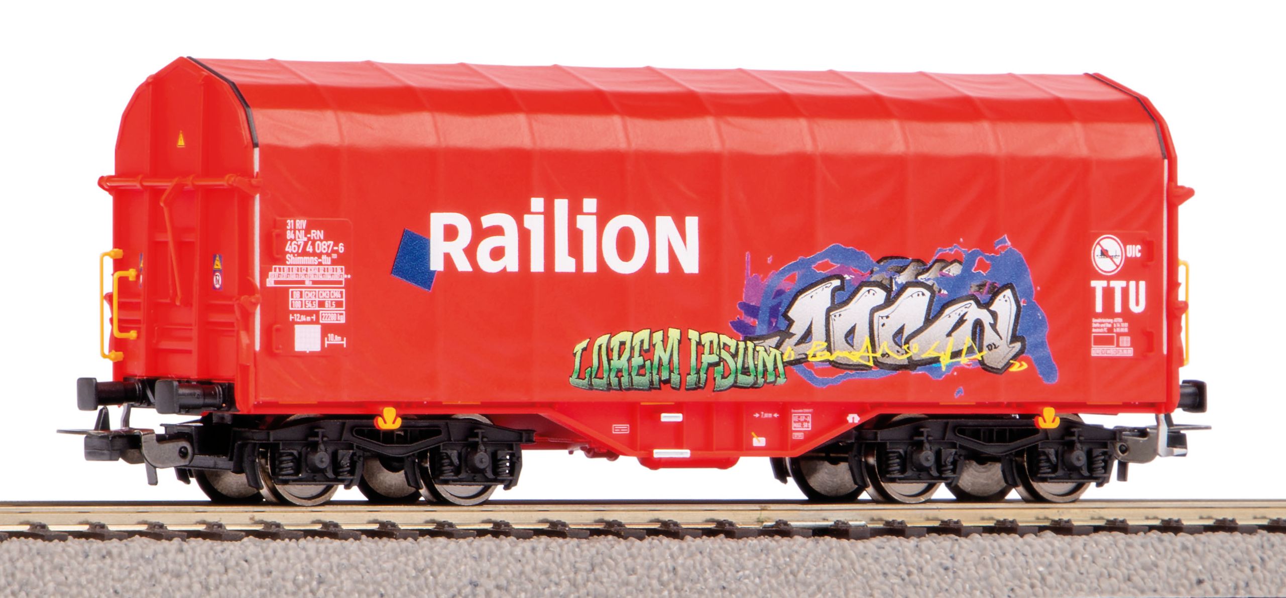 piko-58981-2-Schiebeplanenwagen-Shimmns-Railion-NS-mit-Graffiti-Wg-Nr-467-4-087-6