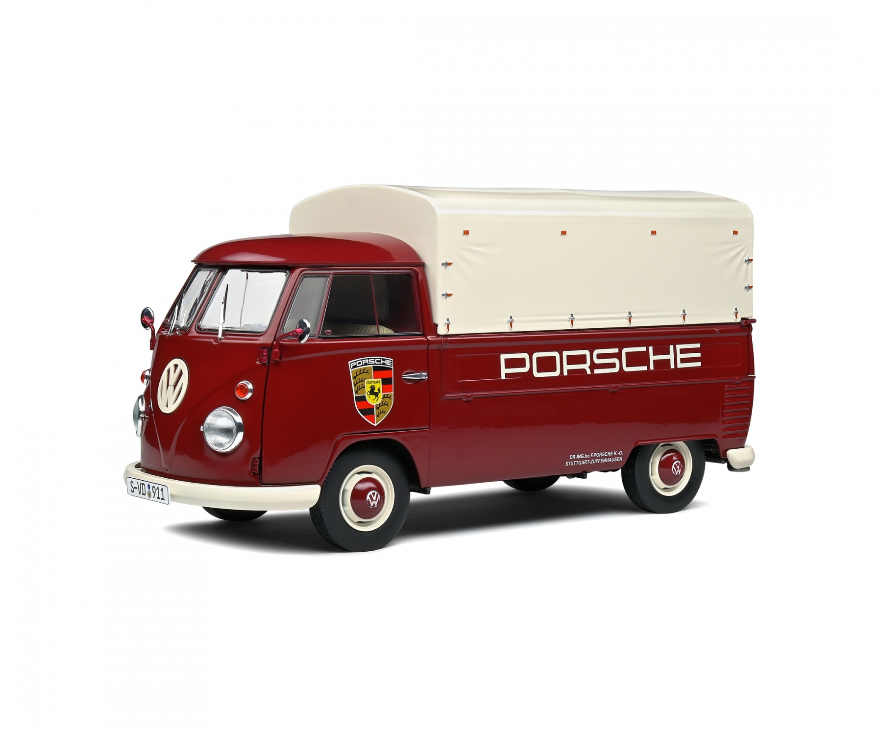 solido-S1806707-1-VW-T1-Pritsche-Porsche-Service-Zuffenhausen-rot