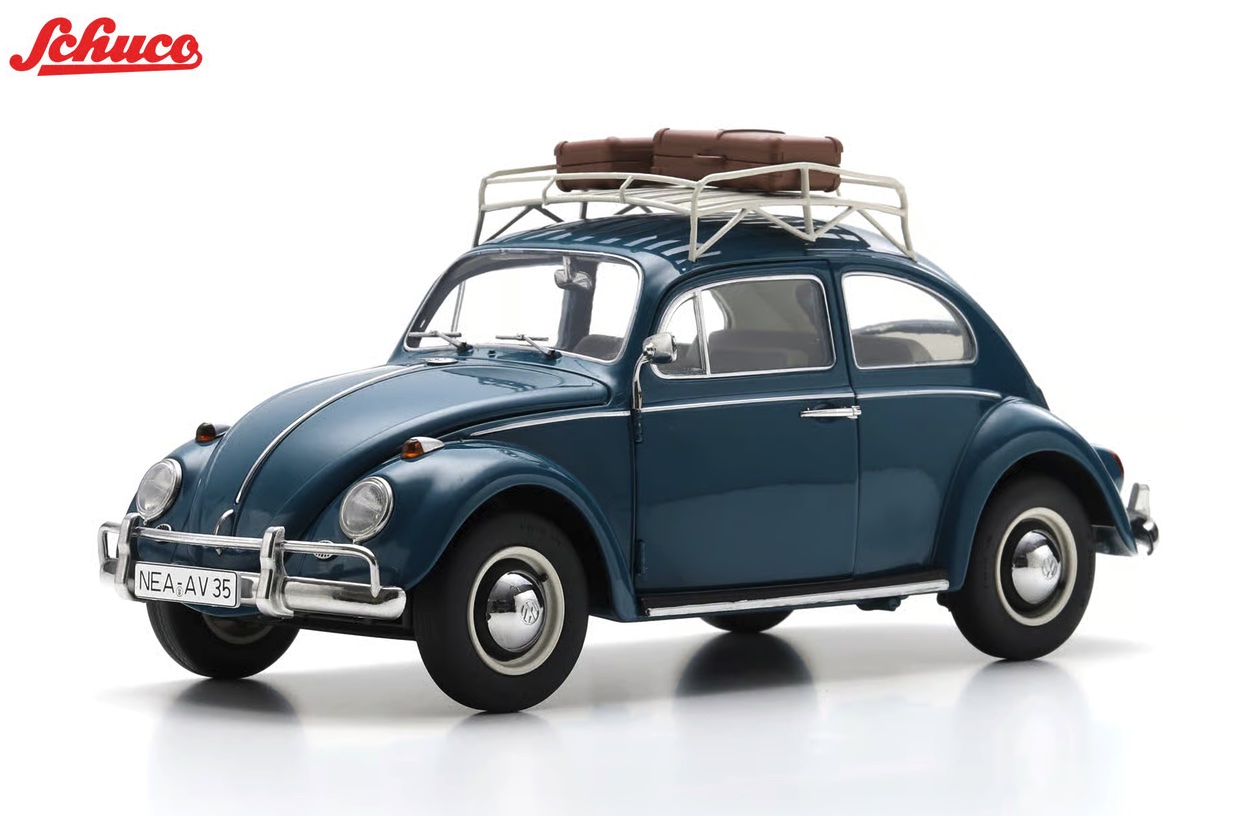 Schuco-18U00154-1-Volkswagen-VW-Käfer-1963-mit Dachgepäckträger-seeblau-Urlaubstour-Modellauto