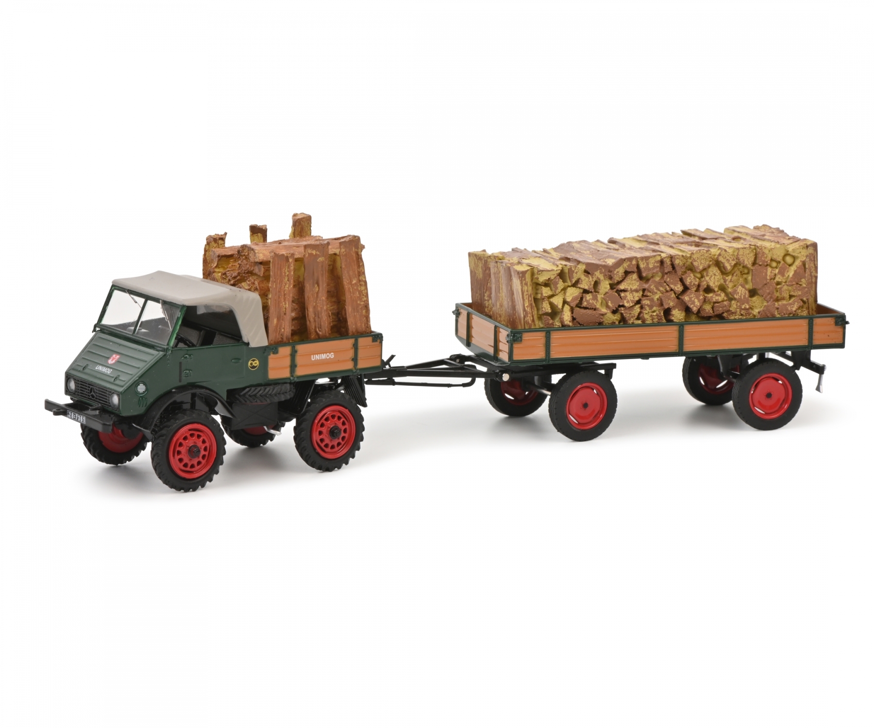 schuco-450313300-1-Unimog-401-Holztransport-Anhänger-geladen