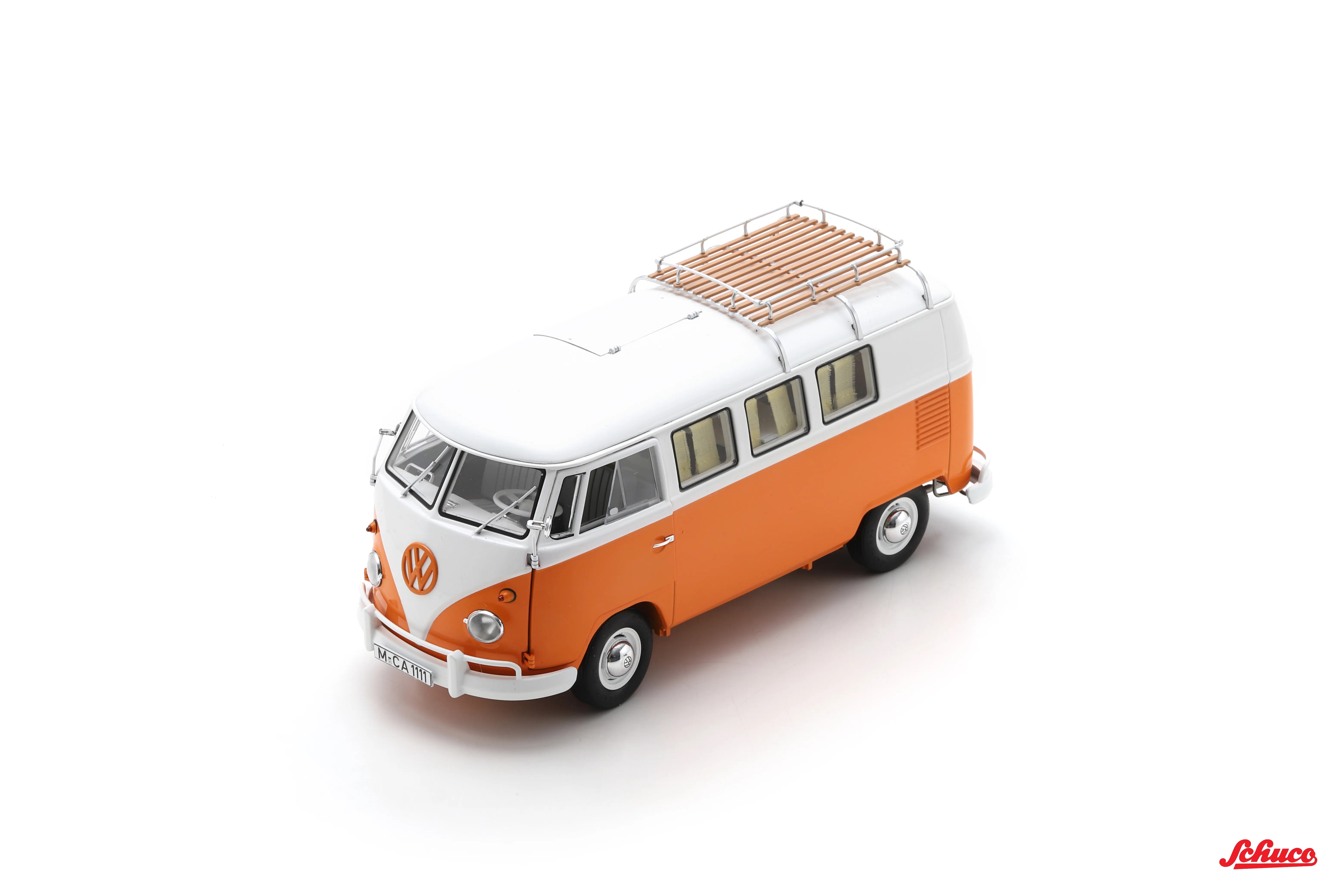 schuco-450060600-1-Volkswagen-VW-T1b-Campingbus-orange-weiß-Modellauto-vorne