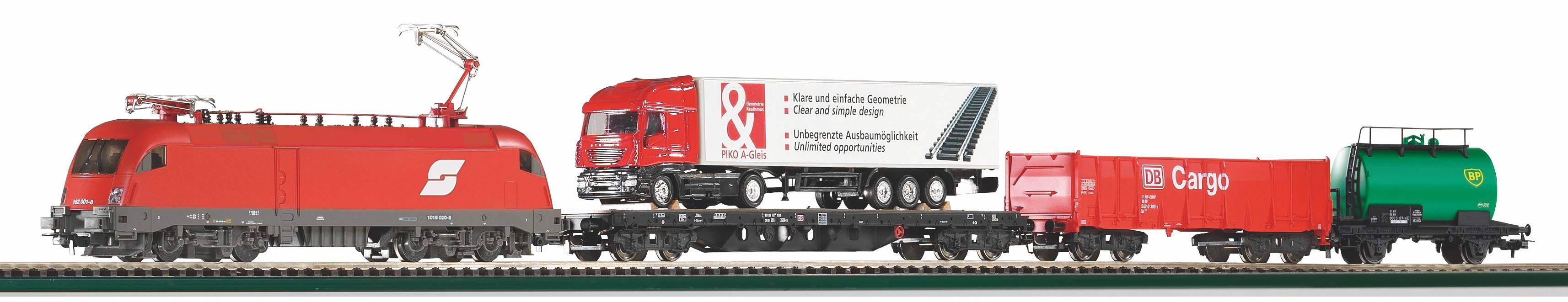 piko-57177-1-Taurus-ÖBB-Güterzug-Rollende-Landstraße-LKW-Auflieger-Modelleisenbahn-Starterset-Grundpackung-Spielset