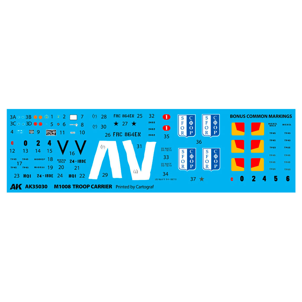 Ak-interactive-AK35030-3-M1008-Troop-Carrier-K30-Pickup-Plastikmodellbausatz-Decals