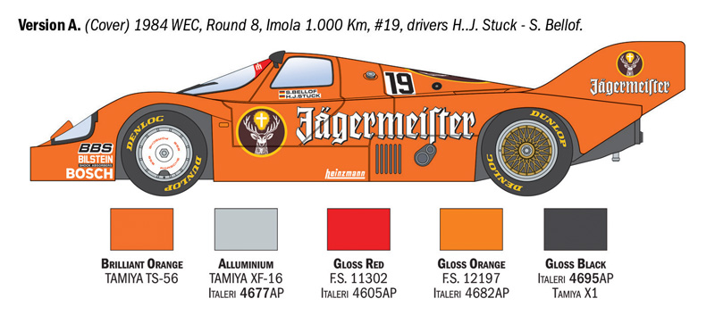 Italeri-3678-2-BRUN-Porsche-956-Jägermeister-Gruppe-C-Stefan-Bellof-Walti-Brun-Berger-Stuck-Modellbausatz-Imola