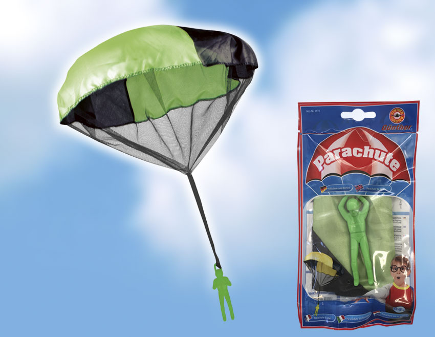 günther-flugspiele-1171-4-Parachute-Fallschirmspringer-Kinder-Werfspielzeug-Gartenspaß
