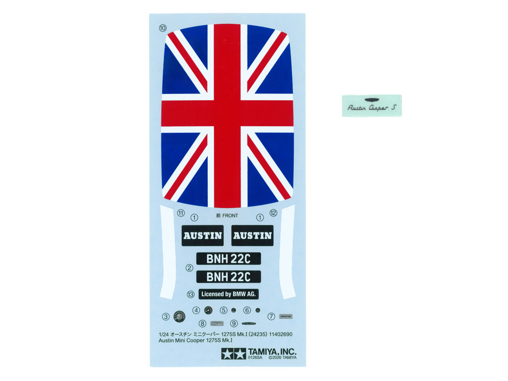 Tamiya-24235-6-Austin-Mini-Cooper-1275-S-MkI-60s-classic-Modellbausatz-Union-Jack-Decals