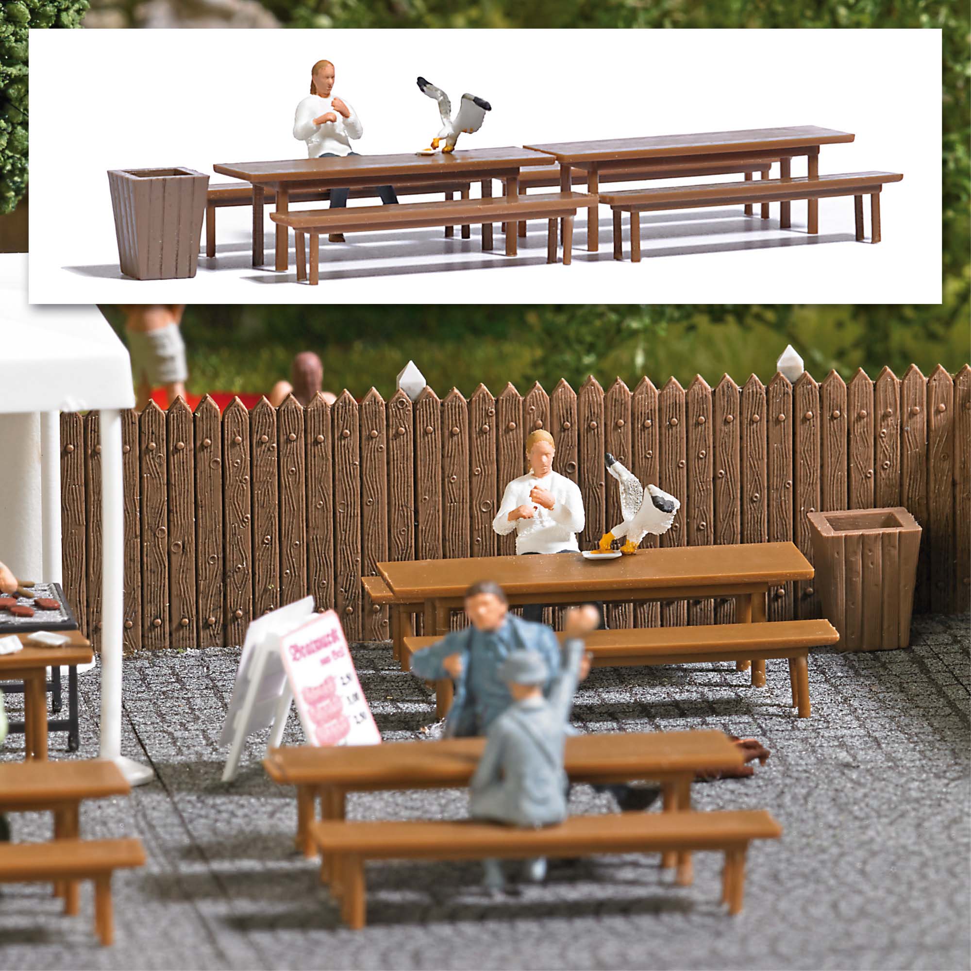 busch-7994-Fish´n-Chips-Möwe-klaut-sich-Essen-Dame-erschrickt-Imbiss-Stand-Fischgrill