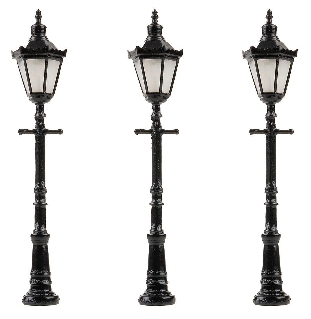 faller-180112-LED-Parklaternen-Dreierpack-Sechskantlaterne-mit-Krone-Straßenbeleuchtung-Straßenlampe-Parkleuchte-Modelleisenbahn