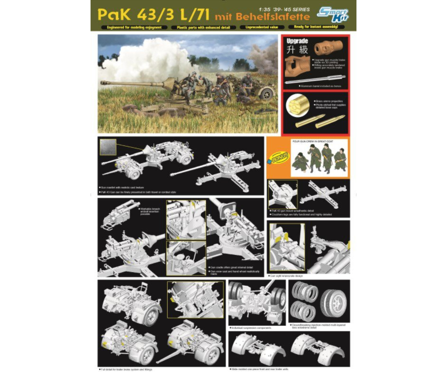 Dragon-6522-PaK-43-3-L-71-mit-Behelfslafette-vier-Soldaten-Metallteile-Militärbausatz