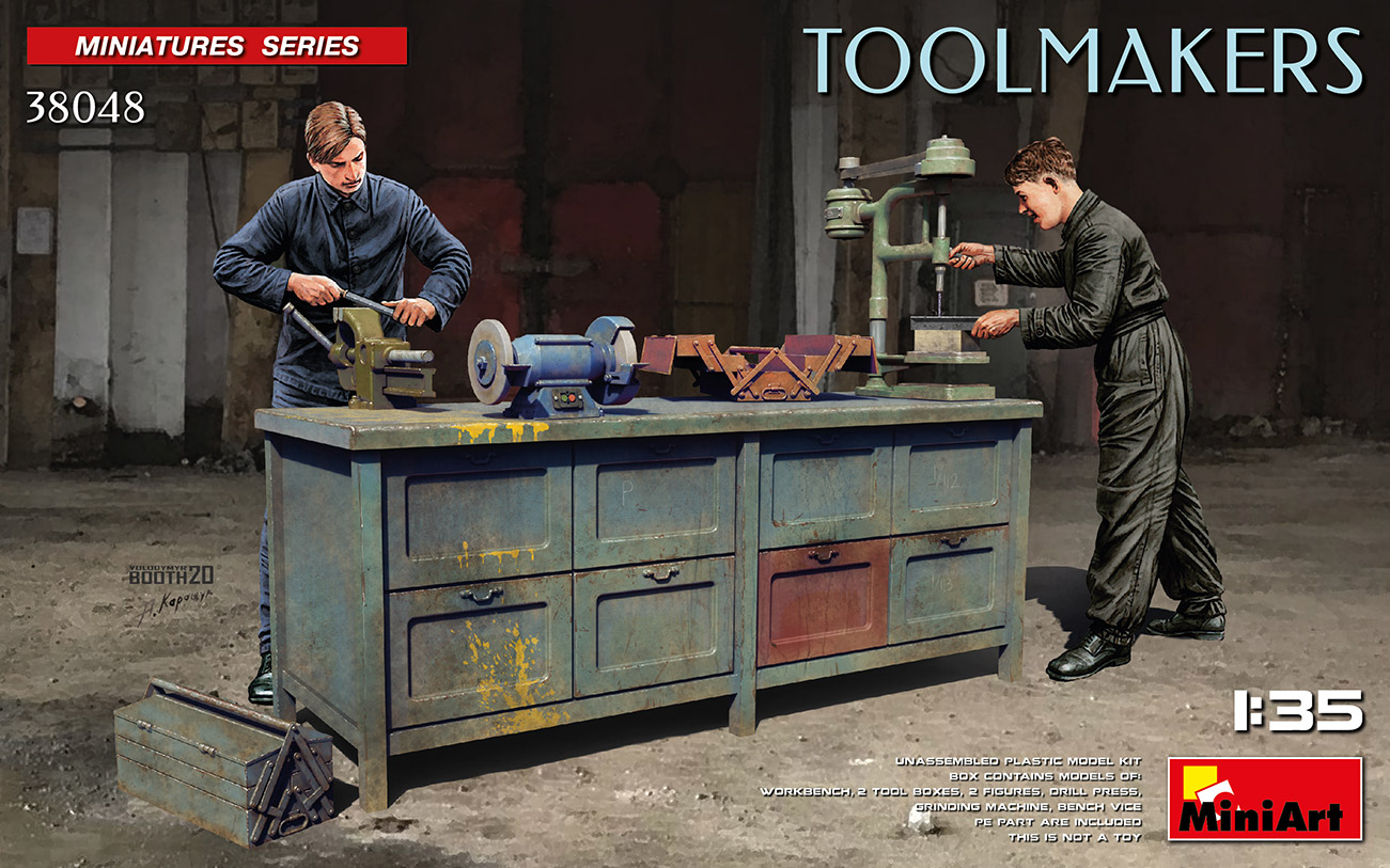 miniart-38048-Toolmakers-Werkzeugmacher-Schlosser-Werkbank-Schleifbock-Ständerbohrmaschine