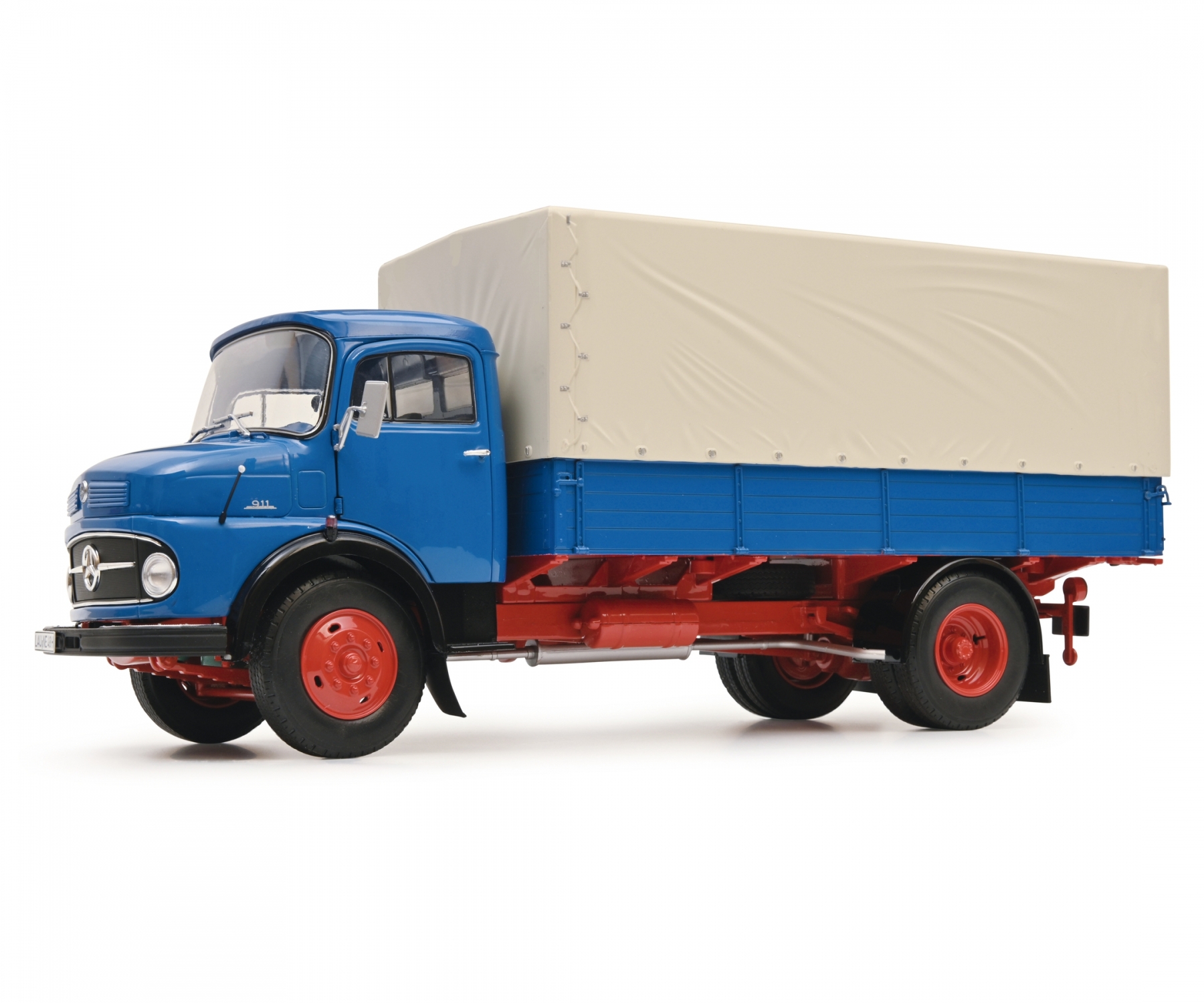 schuco-450044800-1-Mercedes-Benz-L911-Pritsche-Plane-LKW-blau-grau-Gesamtansicht