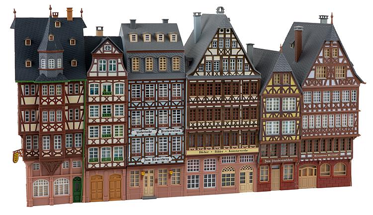 faller-190077-2-Aktions-Set-Römerberg-Ostzeile-Frankfurt-am-Main-Altstadthäuserzeile-Fachwerk-Äppelwoi