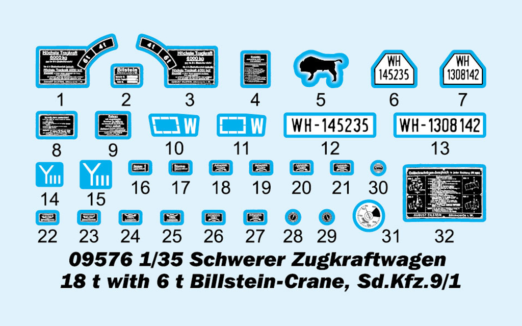 Trumpeter-09576-6-Schwerer-Zugkraftwagen-18-t-mit-6-t-Bilstein-Kran-Sd-Kfz-9-1-Dekorbogen