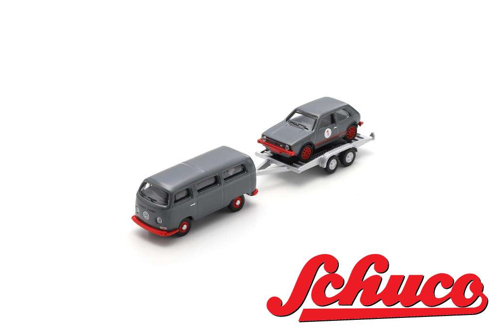 schuco-87U00067-VW-T2b-Bus-Trailer-VW-Golf-I-GTI-grau