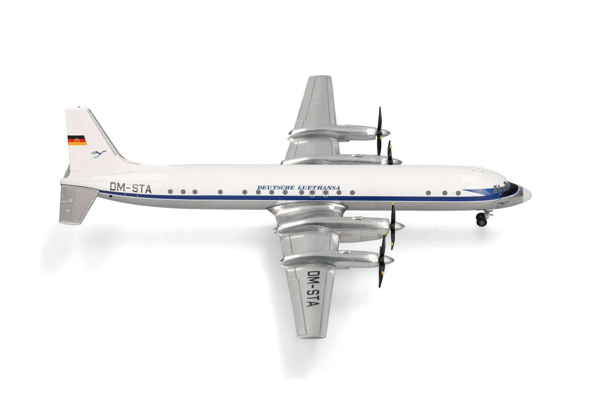 Herpa-573698-Deutsche-Lufthansa-Ilyushin-IL-18-Reg-DM-STA-Passagiermaschine-viermotorig-Kolbenmotorflieger