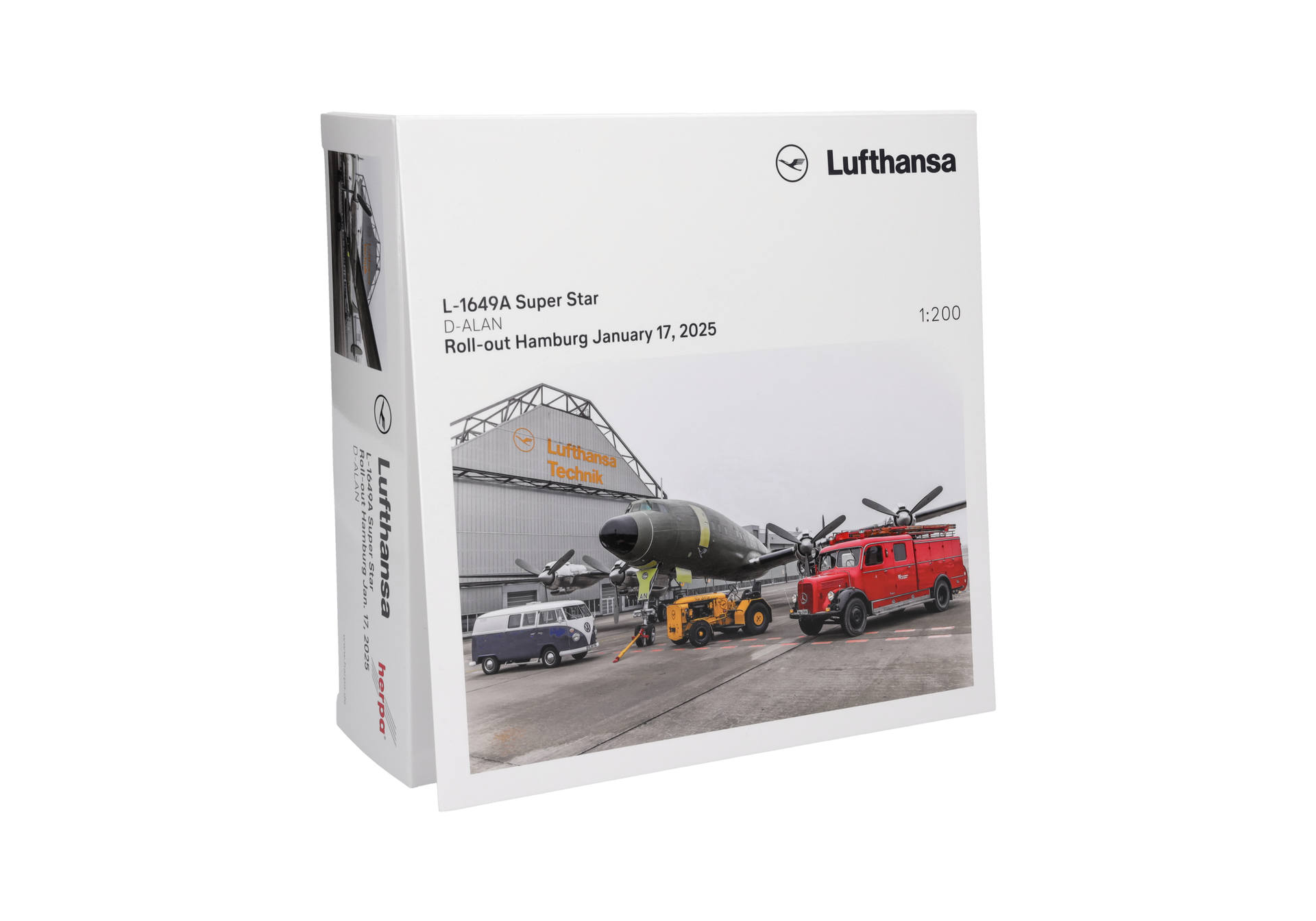 Herpa-573863-3-Lufthansa-Lockheed-L-1649A-Super-Star-D-ALAN-Roll-out-Hamburg-Modellflugzeug-Miniatur-Displaybox