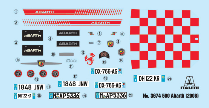 Italeri-3674-2-500-Abarth-2008-Kompaktsportler-Italien-Rennwagen-Bausatz-Dekor