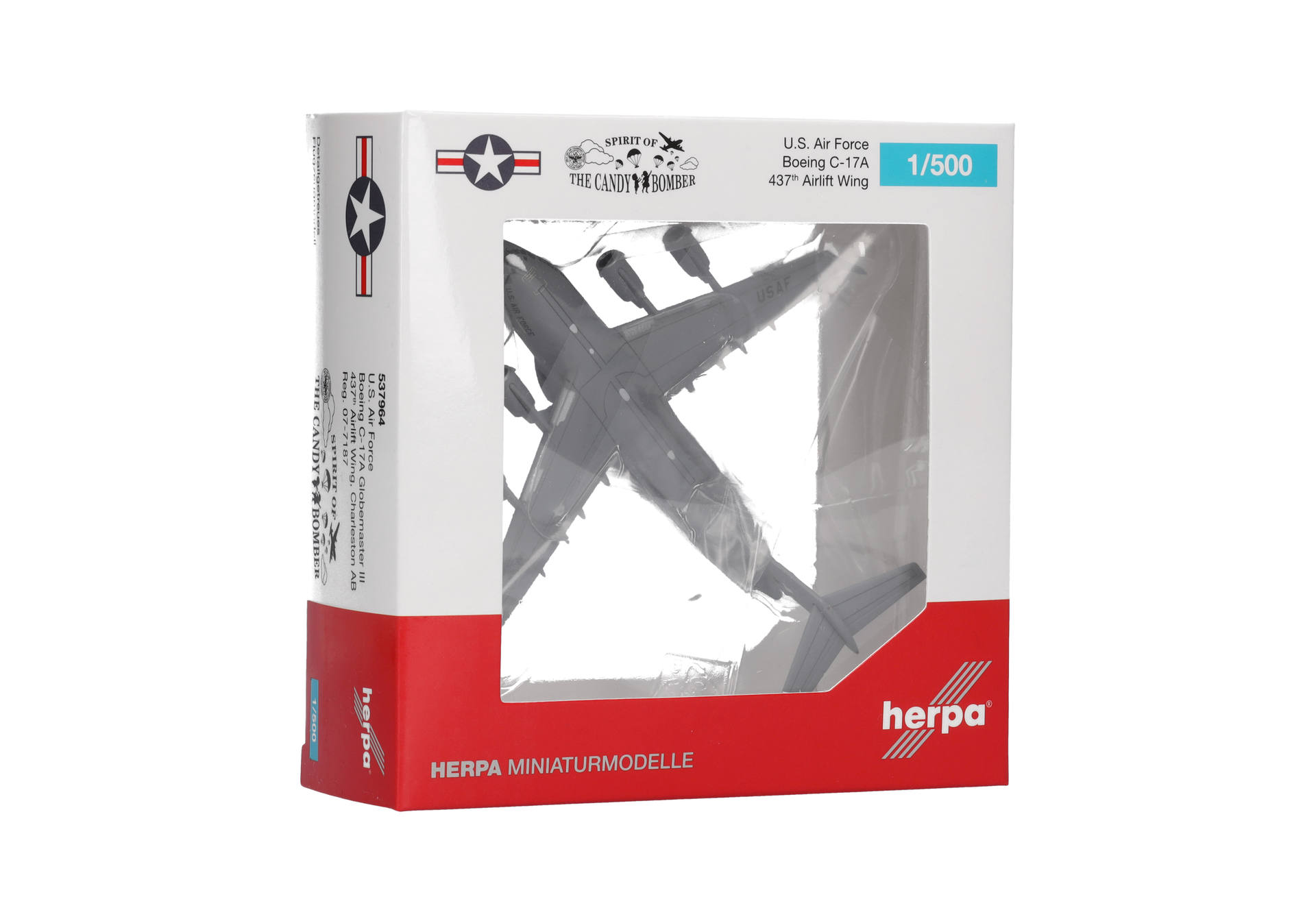 herpa-537964-4-US-Air-Force-Boeing-C-17A-Globemaster-III-437th-Airlift-Wing-Charleston-Airbase-Reg-07-7187-Candy-Bomber-Spirit