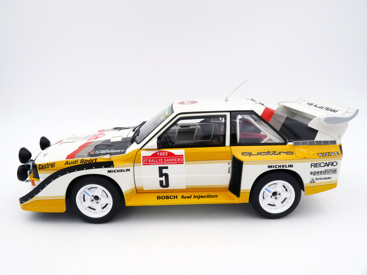 autoart-88503S-2-Audi-S1-Sport-Quattro-Gruppe-B-Winner-Rally-San-Remo-1985-Walter-Röhrl-Christian-Geistdörfer-mit-Figur-Vitrine-limited