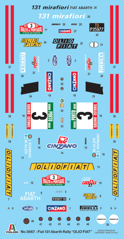 italeri-3667-2-Fiat-131-Mirafiori-Abarth-Rally-OLIOFIAT-Portugal-1977-Markku-Alen-Ikka-Kivimaki-Decals