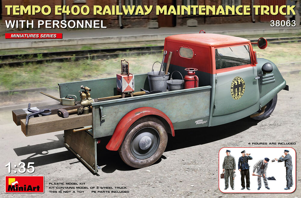 Miniart-38063-Tempo-E300-Dreirad-Eisenbahn-Wartungsfahrzeug-mit-vier-Arbeitern-Modellbausatz