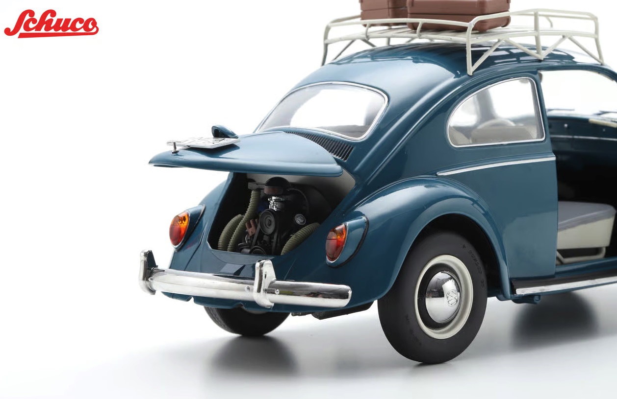 Schuco-18U00154-3-Volkswagen-VW-Käfer-1963-mit Dachgepäckträger-seeblau-Urlaubstour-Modellauto-Boxermotor-luftgekühlt