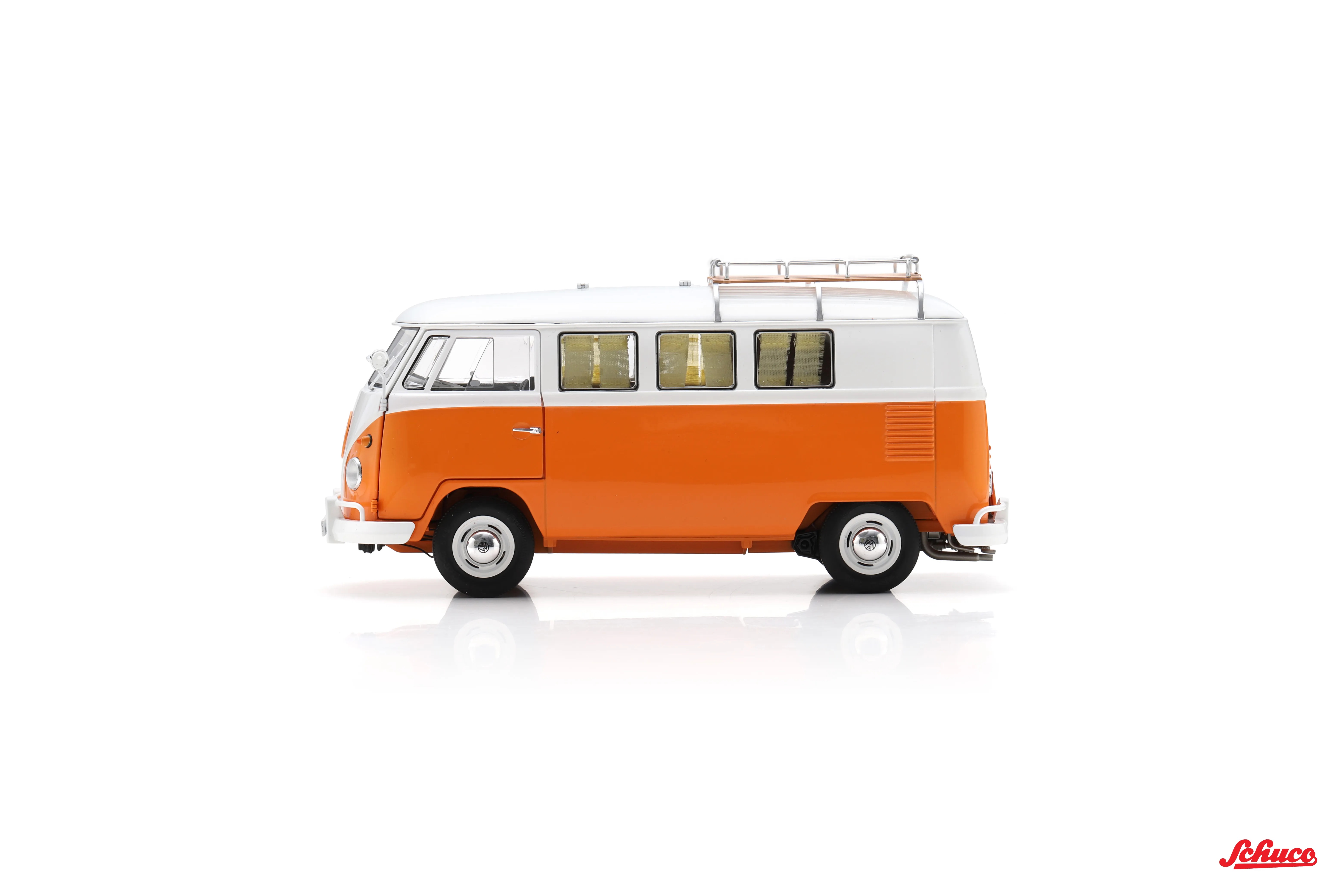 schuco-450060600-2-Volkswagen-VW-T1b-Campingbus-orange-weiß-Modellauto-Seitenwand-steht-gut-im-Lack