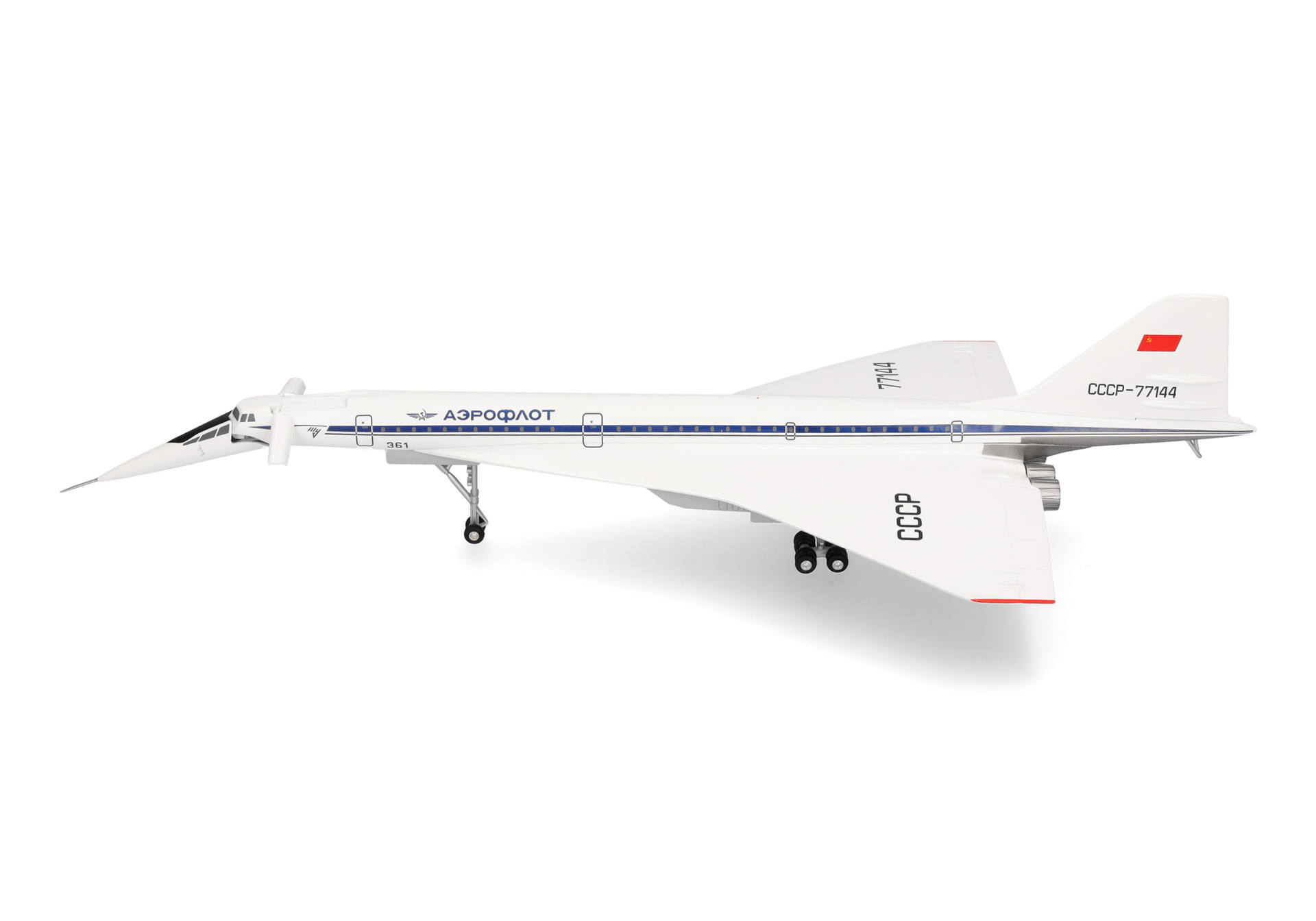 Herpa-573870-2-Tupolev-Design-Bureau-TU-144S-Le-Bourget-1975-CCCP-77144-side-Nase-geklappt
