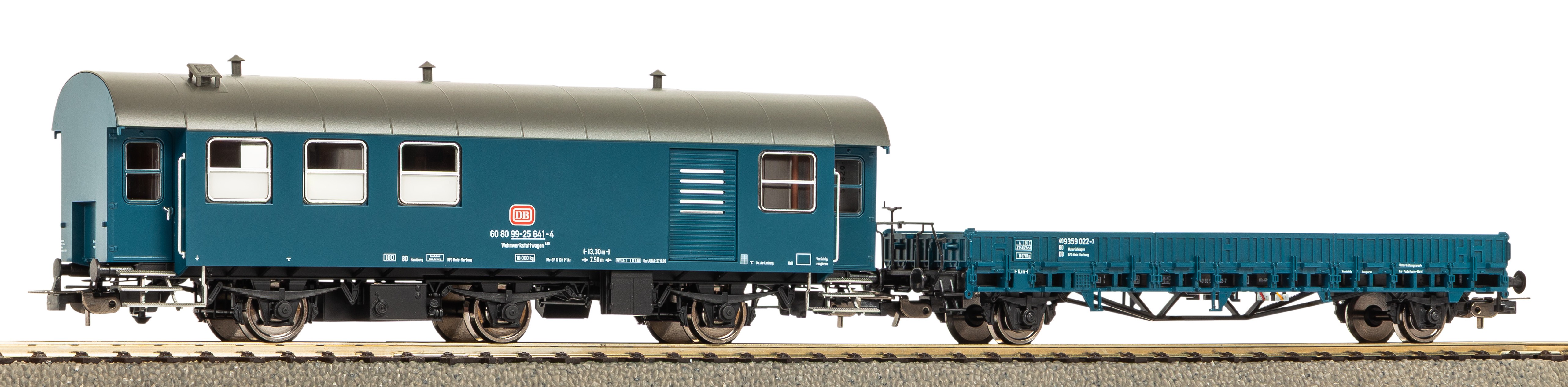 Piko-28334-2er-Set-Bauzugwagen-Umbauwagen-Werkstatt-mit-Flachwagen-Ks-DB-99-25-641-4