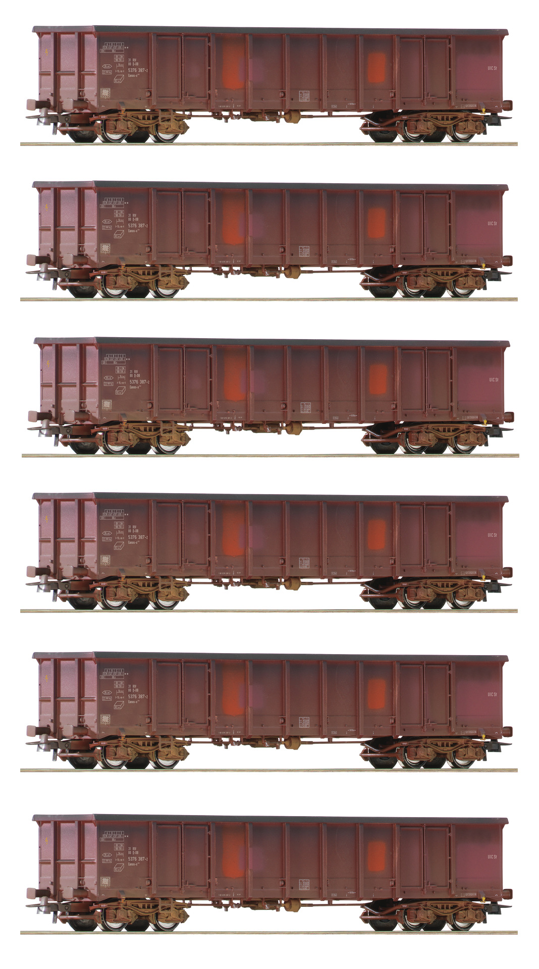 roco-75975-Display-Set-offenen-Güterwagen-Eanos-X-gealtert