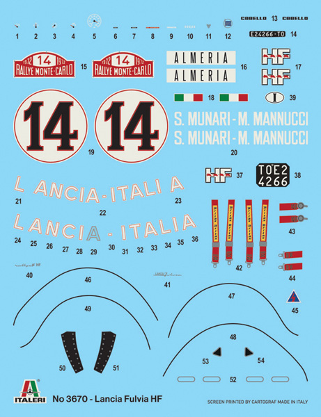 Italeri-3670-2-Lancia-Fulvia-HF-Rally-Monte-Carlo-1972-Winner-Sandro-Munari-Mario-Mannucci-Decals