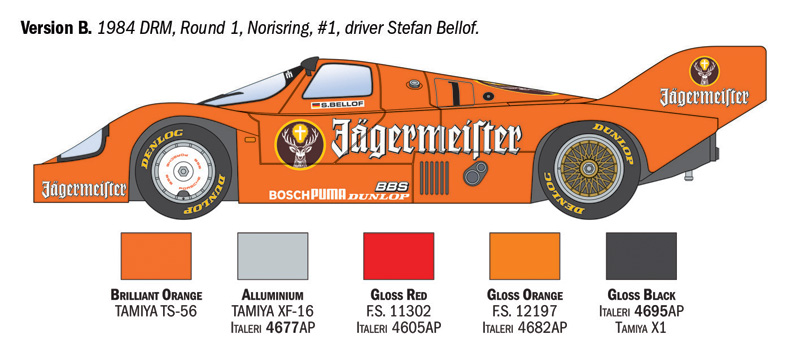 Italeri-3678-3-BRUN-Porsche-956-Jägermeister-Gruppe-C-Stefan-Bellof-Walti-Brun-Berger-Stuck-Modellbausatz-Norisring-200-Meilen-von-Nürnberg