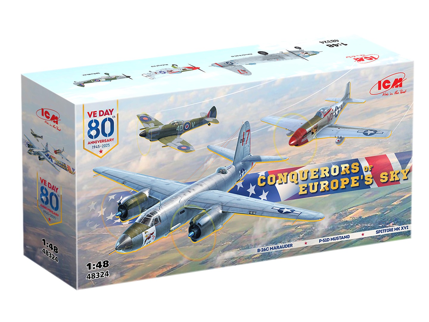 icm-48324-Conquerers-of-Europes-Sky-VE-Day-anniversary-set--B26C-Marauder-P-51D-Mustang-Spitfire-Mk-XVI-allied-forces