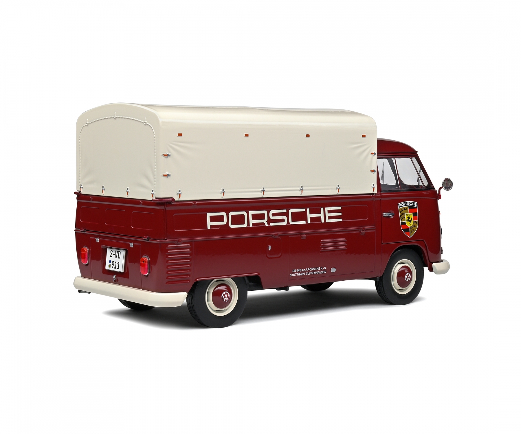 solido-S1806707-5-VW-T1-Pritsche-Porsche-Service-Zuffenhausen-rot-Heckblech