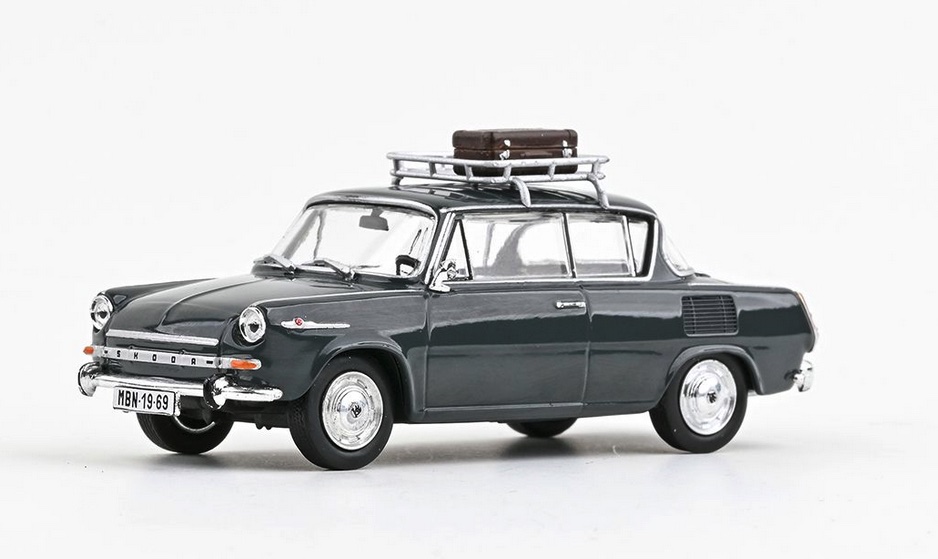 abrex-143AU721CD-1-Skoda-1100MBX-1969-mit-Dachgepäckträger-dunkgrau-Sedá-Tmavá