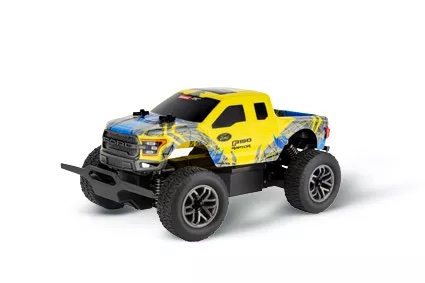 carrera-370182020-1-Ford-F150-Raptor-yellow-blue-grey-gelb-blau-grau-ferngesteuerter-Wohnzimmer-Racer