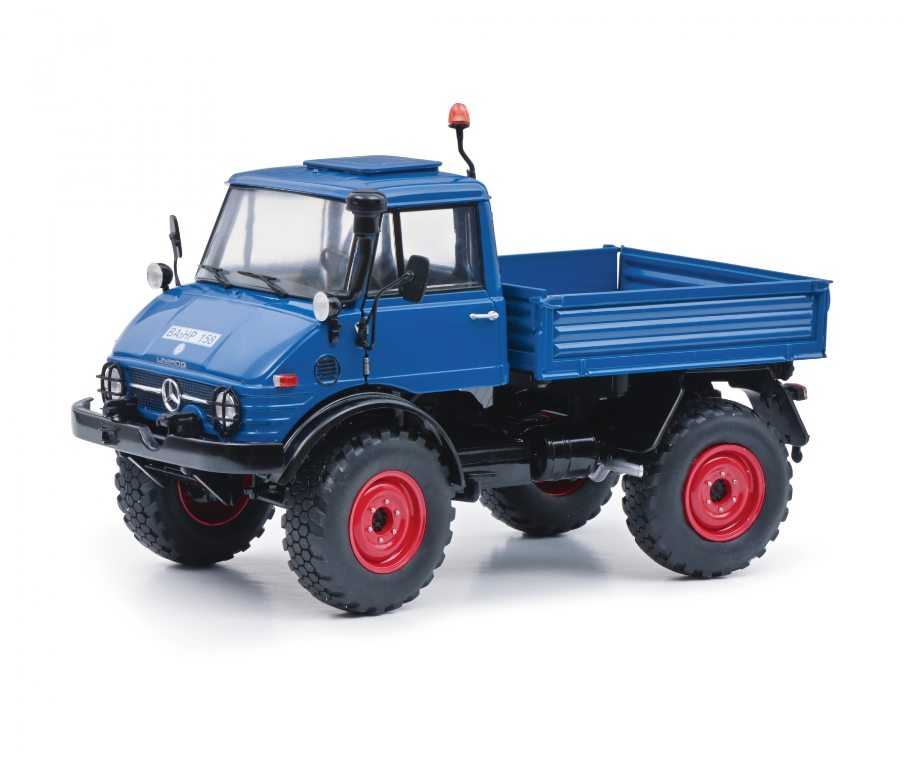 schuco-450044400-1-Mercedes-Benz-Unimog-U-406-geschlossene-Kabine-Pritsche-Wände-klappbar-blau
