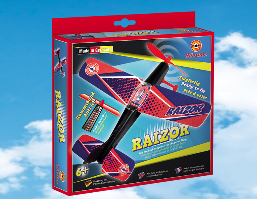 günther-Flugspiele-1662-2-Raizor-Gummimotorflieger-kleines-Modell-Geschenkpackung