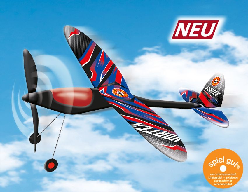 Günther-Flugspiele-1659-Gummimotorflieger-Vortex-zum-Aufdrehen-Drahtflügel-Retro-Jugend-Spielzeug-Flugzeug