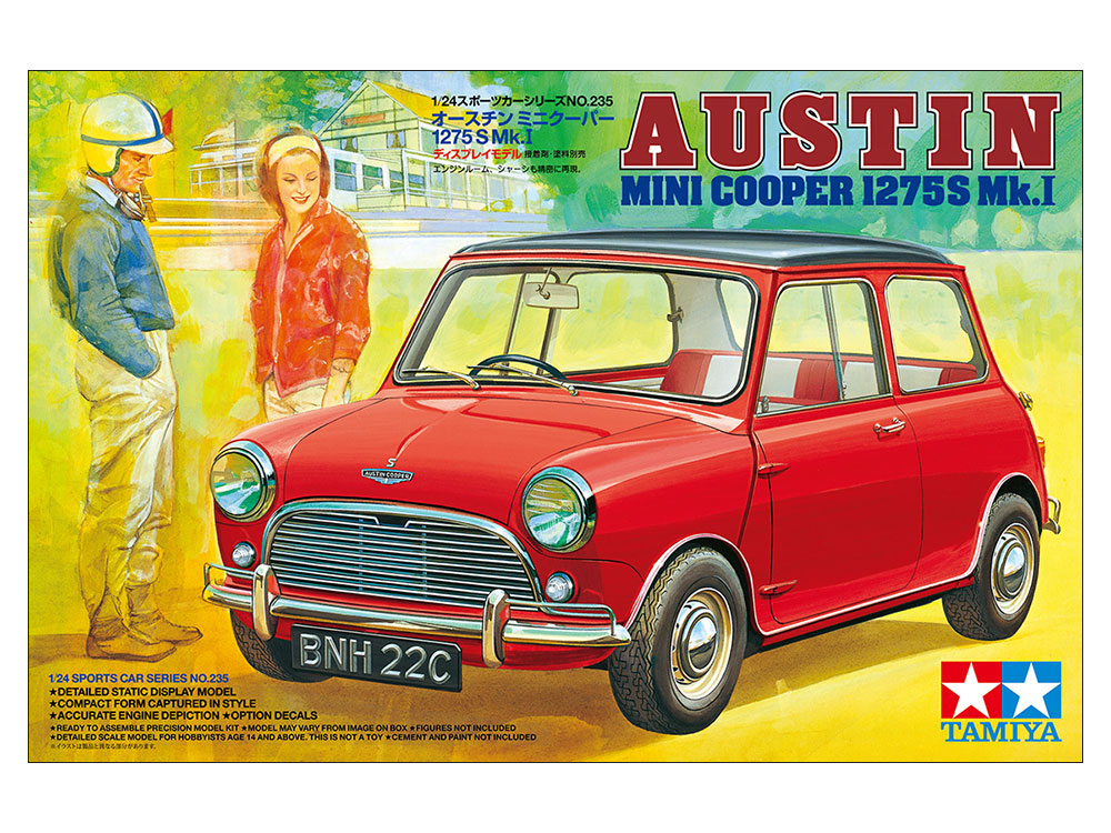 Tamiya-24235-3-Austin-Mini-Cooper-1275-S-MkI-60s-classic-Modellbausatz-rot-Boxart-racing-driver-helmet