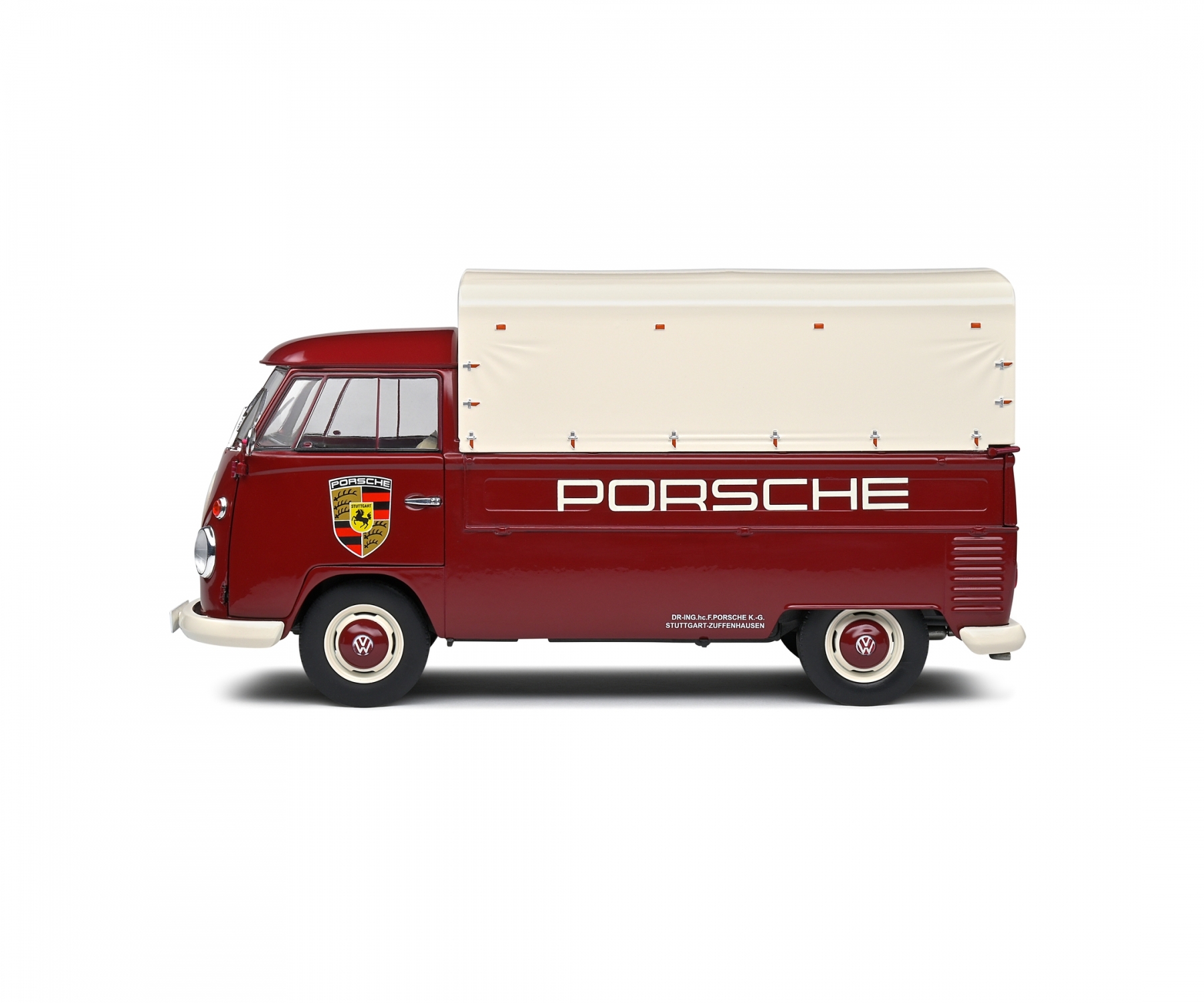 solido-S1806707-4-VW-T1-Pritsche-Porsche-Service-Zuffenhausen-rot-Planenaufbau