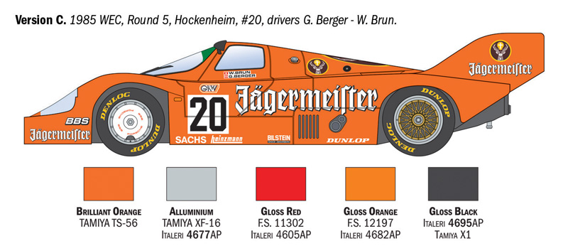 Italeri-3678-4-BRUN-Porsche-956-Jägermeister-Gruppe-C-Stefan-Bellof-Walti-Brun-Berger-Stuck-Modellbausatz-Hockenheim-Sportwagen